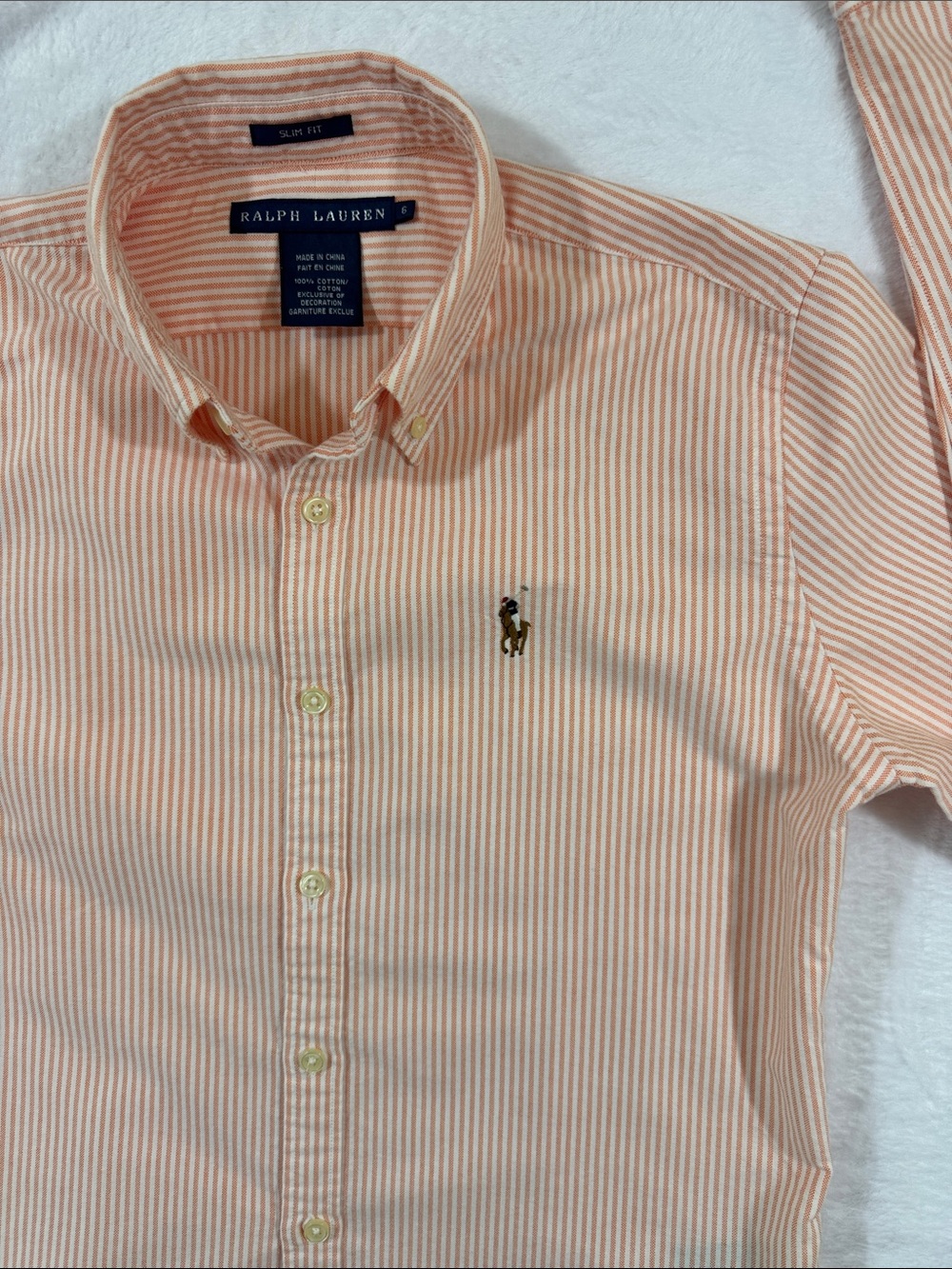 Ralph Lauren Slim Fit Striped Button Down Oxford Shirt, Orange White Cotton Sz6 - Picture 3 of 6